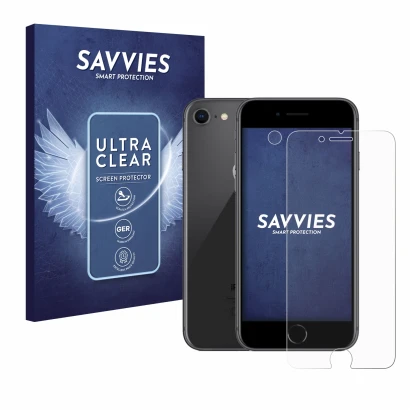 Face avant d’un emballage produit avec le logo de la marque Savvies. À côté, l’appareil Apple iPhone 8 (Avant+Caméra) est repr