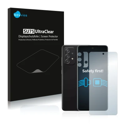 Face avant d’un emballage produit avec le logo de la marque Savvies. À côté, l’appareil Samsung Galaxy A52 5G (Avant+Caméra) e