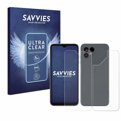 Face avant d’un emballage produit avec le logo de la marque Savvies. À côté, l’appareil Fairphone 4 (Avant+Arrière) est représ