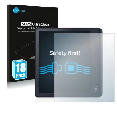 Face avant d’un emballage produit avec le logo de la marque Savvies. À côté, l’appareil Kobo Sage est représenté avec la prote