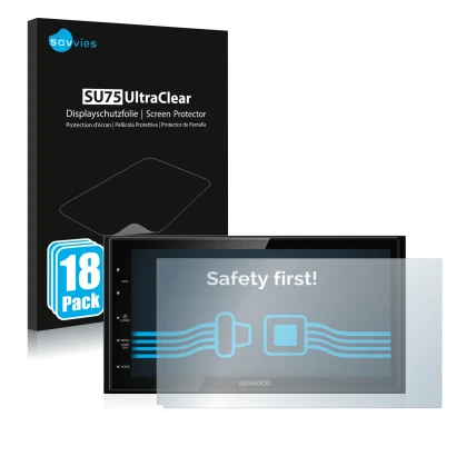 Face avant d’un emballage produit avec le logo de la marque Savvies. À côté, l’appareil Kenwood DMX5020DABS est représenté ave