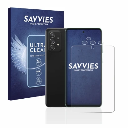 Face avant d’un emballage produit avec le logo de la marque Savvies. À côté, l’appareil Samsung Galaxy A52s 5G (Avant+Caméra) 