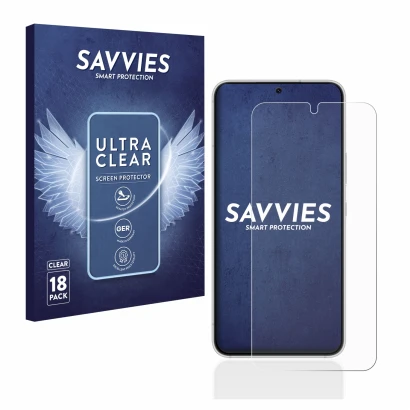 Face avant d’un emballage produit avec le logo de la marque Savvies. À côté, l’appareil Samsung Galaxy S22 5G est représenté a