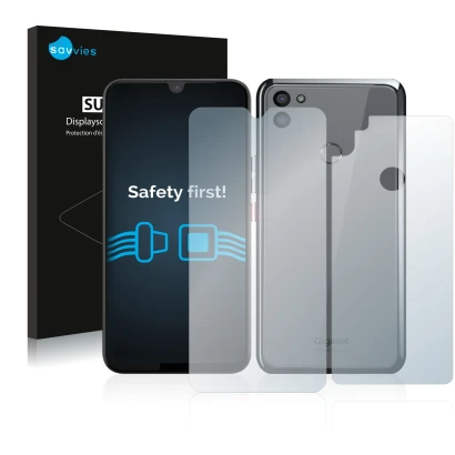 Face avant d’un emballage produit avec le logo de la marque Savvies. À côté, l’appareil Gigaset GS5 (Avant+Arrière) est représ