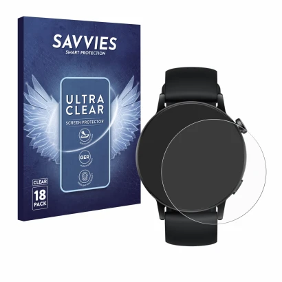 Face avant d’un emballage produit avec le logo de la marque Savvies. À côté, l’appareil Huawei Watch GT 3 (42 mm) est représen