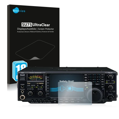 Face avant d’un emballage produit avec le logo de la marque Savvies. À côté, l’appareil Icom IC-756 Pro III est représenté ave