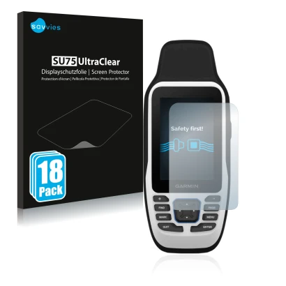 Face avant d’un emballage produit avec le logo de la marque Savvies. À côté, l’appareil Garmin GPSMAP 79s est représenté avec 