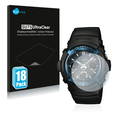 Face avant d’un emballage produit avec le logo de la marque Savvies. À côté, l’appareil Casio AWG M100 est représenté avec la 