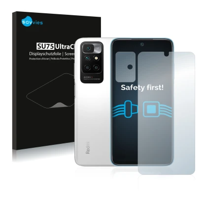 Face avant d’un emballage produit avec le logo de la marque Savvies. À côté, l’appareil Xiaomi Redmi 10 (Avant+Caméra) est rep