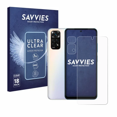 Face avant d’un emballage produit avec le logo de la marque Savvies. À côté, l’appareil Xiaomi Redmi Note 11S (Avant+Caméra) e
