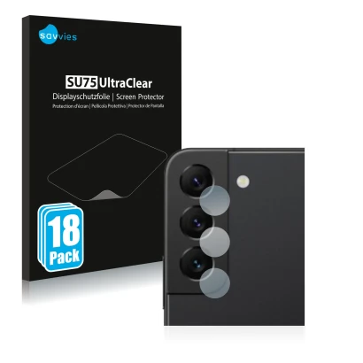 Face avant d’un emballage produit avec le logo de la marque Savvies. À côté, l’appareil Samsung Galaxy S22 5G (Caméra UNIQUEME