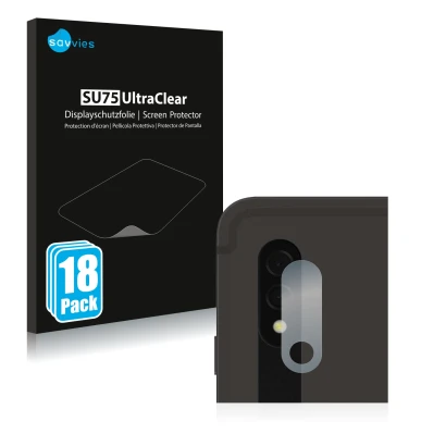 Face avant d’un emballage produit avec le logo de la marque Savvies. À côté, l’appareil Samsung Galaxy Tab S8 Plus WiFi (Camér