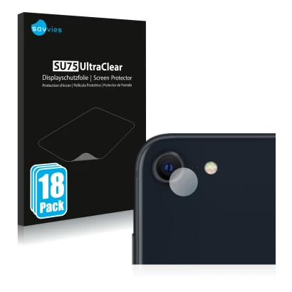 Face avant d’un emballage produit avec le logo de la marque Savvies. À côté, l’appareil Apple iPhone SE 3 2022 (Caméra UNIQUEM