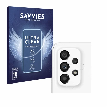 Face avant d’un emballage produit avec le logo de la marque Savvies. À côté, l’appareil Samsung Galaxy A53 5G (Caméra UNIQUEME