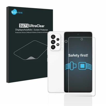 Face avant d’un emballage produit avec le logo de la marque Savvies. À côté, l’appareil Samsung Galaxy A53 5G (Avant+Caméra) e