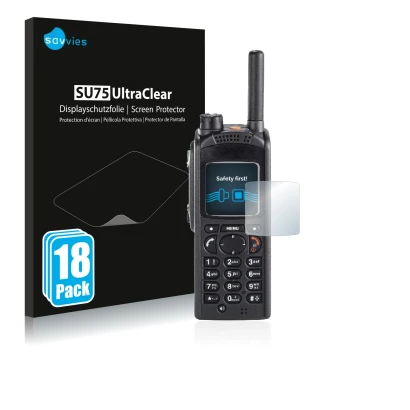 Face avant d’un emballage produit avec le logo de la marque Savvies. À côté, l’appareil Motorola MTP850 est représenté avec la