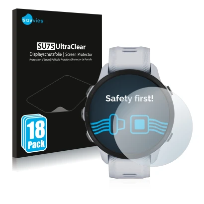 Face avant d’un emballage produit avec le logo de la marque Savvies. À côté, l’appareil Garmin Forerunner 955 Solar est représ