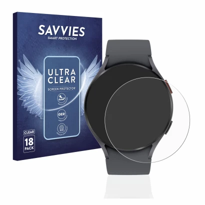 Face avant d’un emballage produit avec le logo de la marque Savvies. À côté, l’appareil Samsung Galaxy Watch 5 (44mm) est repr