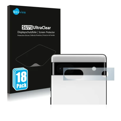 Face avant d’un emballage produit avec le logo de la marque Savvies. À côté, l’appareil Google Pixel 6a (Caméra UNIQUEMENT) es