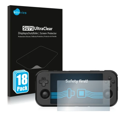 Face avant d’un emballage produit avec le logo de la marque Savvies. À côté, l’appareil Retroid Pocket 3 est représenté avec l