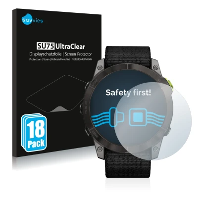 Face avant d’un emballage produit avec le logo de la marque Savvies. À côté, l’appareil Garmin Enduro 2 est représenté avec la