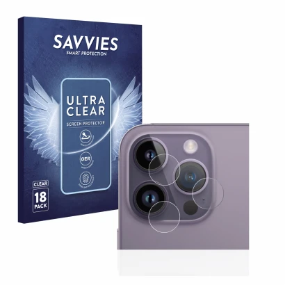 Face avant d’un emballage produit avec le logo de la marque Savvies. À côté, l’appareil Apple iPhone 14 Pro Max (Caméra UNIQUE