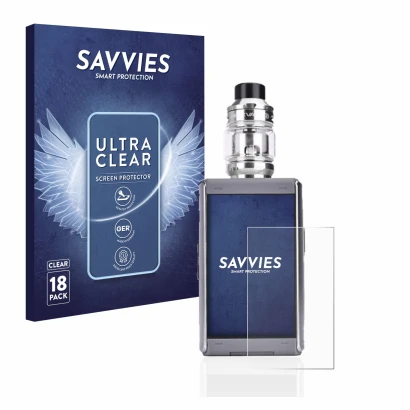 Face avant d’un emballage produit avec le logo de la marque Savvies. À côté, l’appareil GeekVape T200 est représenté avec la p