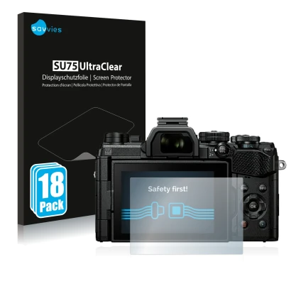 Face avant d’un emballage produit avec le logo de la marque Savvies. À côté, l’appareil Olympus OM System OM-5 est représenté 