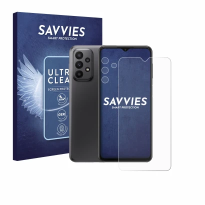 Face avant d’un emballage produit avec le logo de la marque Savvies. À côté, l’appareil Samsung Galaxy A23 5G (Avant+Caméra) e