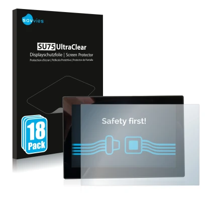 Face avant d’un emballage produit avec le logo de la marque Savvies. À côté, l’appareil MG 4 7-Zoll Digitales Instrumentendisp