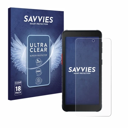 Face avant d’un emballage produit avec le logo de la marque Savvies. À côté, l’appareil Samsung Galaxy XCover 5 Enterprise Edi