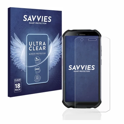 Face avant d’un emballage produit avec le logo de la marque Savvies. À côté, l’appareil Doogee S41 est représenté avec la prot
