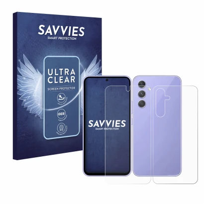 Face avant d’un emballage produit avec le logo de la marque Savvies. À côté, l’appareil Samsung Galaxy A54 5G (Avant+Arrière) 
