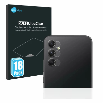 Face avant d’un emballage produit avec le logo de la marque Savvies. À côté, l’appareil Samsung Galaxy A34 5G (Caméra UNIQUEME