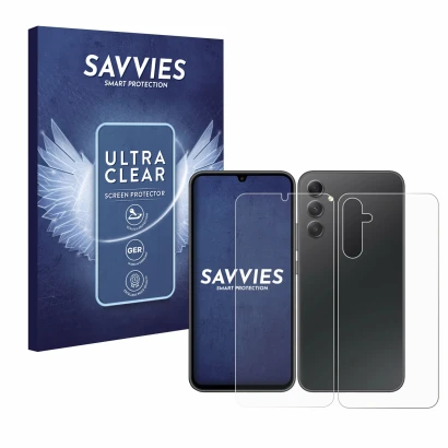 Face avant d’un emballage produit avec le logo de la marque Savvies. À côté, l’appareil Samsung Galaxy A34 5G (Avant+Arrière) 