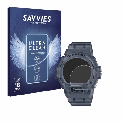 Face avant d’un emballage produit avec le logo de la marque Savvies. À côté, l’appareil Casio G-Shock DW-6900 est représenté a