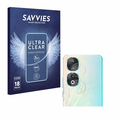Face avant d’un emballage produit avec le logo de la marque Savvies. À côté, l’appareil Honor 90 (Caméra UNIQUEMENT) est repré