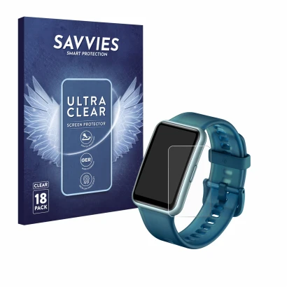 Face avant d’un emballage produit avec le logo de la marque Savvies. À côté, l’appareil Huawei Watch Fit Special Edition est r