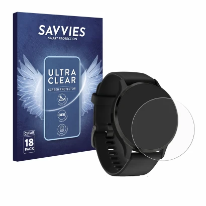 Face avant d’un emballage produit avec le logo de la marque Savvies. À côté, l’appareil Garmin Venu 3S est représenté avec la 