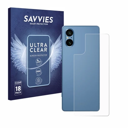 Face avant d’un emballage produit avec le logo de la marque Savvies. À côté, l’appareil Sony Xperia 5 V (Arrière) est représen