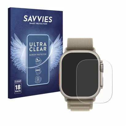 Face avant d’un emballage produit avec le logo de la marque Savvies. À côté, l’appareil Apple Watch Ultra 2 (49 mm) est représ