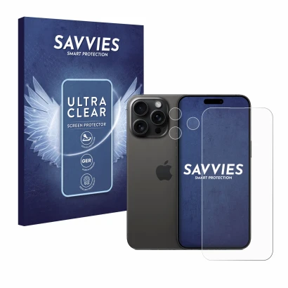 Face avant d’un emballage produit avec le logo de la marque Savvies. À côté, l’appareil Apple iPhone 15 Pro Max (Avant+Caméra)