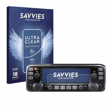 Face avant d’un emballage produit avec le logo de la marque Savvies. À côté, l’appareil Icom IC-2730E est représenté avec la p