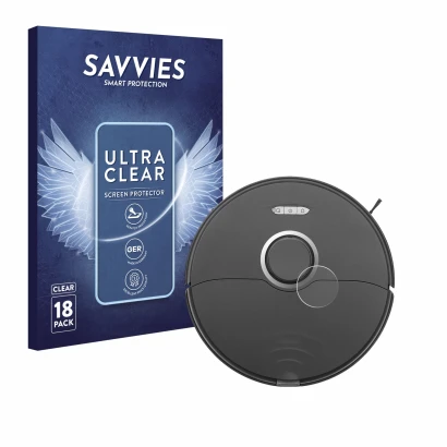 Face avant d’un emballage produit avec le logo de la marque Savvies. À côté, l’appareil Roborock S8 Lidar Sensor (modèle blanc