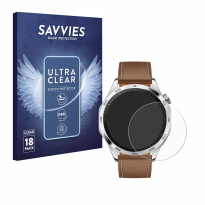 Face avant d’un emballage produit avec le logo de la marque Savvies. À côté, l’appareil Huawei Watch GT 4 (46mm) est représent