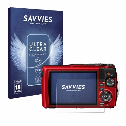 Face avant d’un emballage produit avec le logo de la marque Savvies. À côté, l’appareil Olympus OM System Tough TG-7 est repré