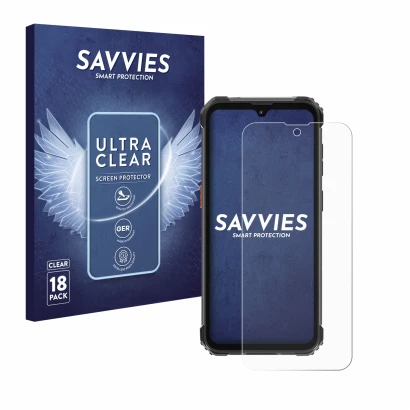 Face avant d’un emballage produit avec le logo de la marque Savvies. À côté, l’appareil Blackview BV5300 Pro (2023) est représ
