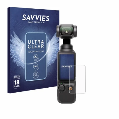 Face avant d’un emballage produit avec le logo de la marque Savvies. À côté, l’appareil DJI Osmo Pocket 3 est représenté avec 