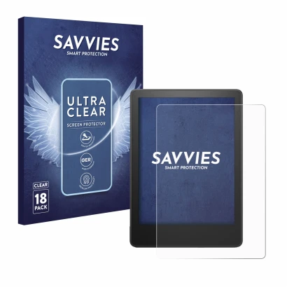 Face avant d’un emballage produit avec le logo de la marque Savvies. À côté, l’appareil Amazon Kindle Paperwhite 2023 (11ème G
