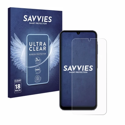 Face avant d’un emballage produit avec le logo de la marque Savvies. À côté, l’appareil Samsung Galaxy A25 5G est représenté a